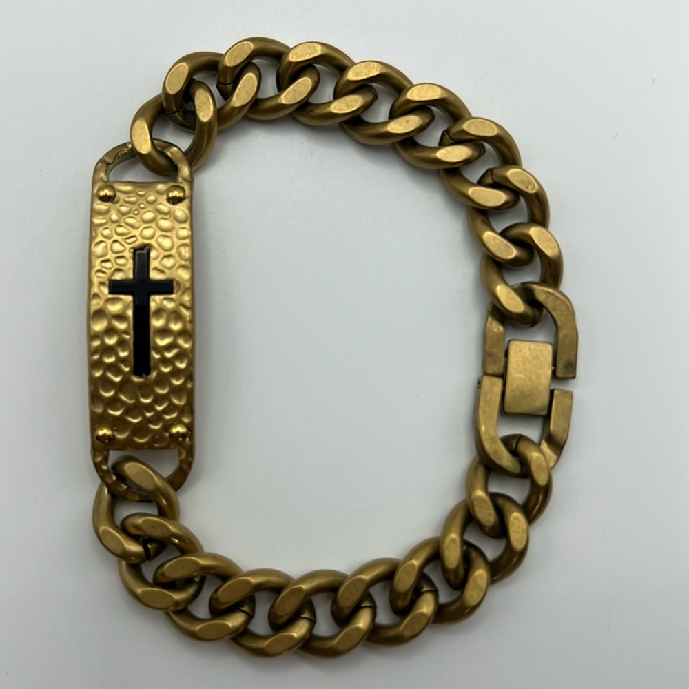 Blackjack, Men's 18KP Gold Stainless Steel Curb Chain Bracelet with Black Cross